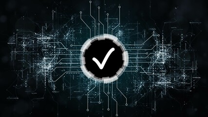Poster - OK symbol centered into HUD elements between information connecting lines on dark background - quality control information technology concept - 3D illustration