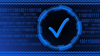 Poster - OK symbol centered into HUD elements on binary code background - blue banner design - quality control information technology concept - 3D illustration