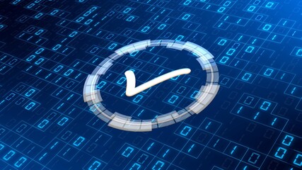 Poster - OK symbol on abstract binary code background divided with random square frame elements - quality control information technology concept - 3D illustration