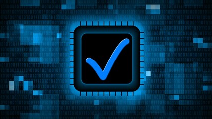 Poster - OK symbol on chip sensor - abstract background of blurred binary code in blue - quality control information technology concept - 3D illustration