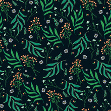 Seamless Flower Pattern On A Dark Background. Green Leaves, Grass And Red Berries. For Printing On Fabric And Paper