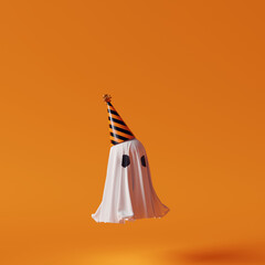 Wall Mural - Ghost with Halloween party hat on orange background. 3d rendering