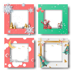 Wall Mural - Merry Christmas and Happy new year border frame photo design set on transparency background.Creative origami paper cut and craft style.Holiday decoration gift card.Winter Postcard vector illustration