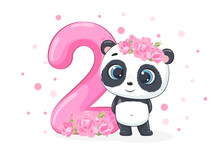 Cartoon Illustration "Happy Birthday, 2 Year", Cute Panda Girl. Vector Illustration.