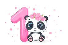 Cartoon Illustration "Happy Birthday, 1 Year", Cute Panda Girl. Vector Illustration.
