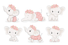 A Set Of 6 Cute Elephant Girls. Vector Illustration Of A Cartoon .
