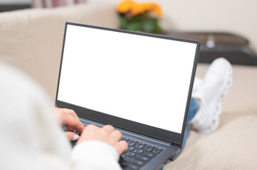 Poster - People, lifestyle, modern technology and communication concept. Young Caucasian female writer keyboarding on laptop while working at home. mockup laptop