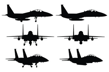 Fighter jet aircraft silhouette vector on white background, military vehicle technology, set of air force weapon in black and white.