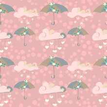 Umbrellas And Clouds Vector Repeat Pattern In Pink And Grey