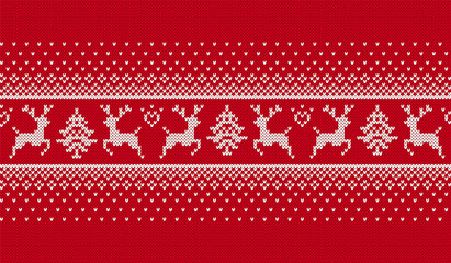 Poster - Christmas knit seamless pattern. Red print with deers and trees. Knitted sweater background. Xmas geometric texture . Festive border. Holiday fair isle traditional ornament. Vector illustration