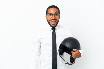 Sticker - Young business latin man with a motorcycle helmet isolated on white background with surprise facial expression