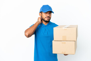 Poster - Delivery Ecuadorian man isolated on white background having doubts