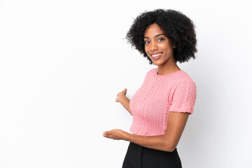 Wall Mural - Young African American woman isolated on white background extending hands to the side for inviting to come