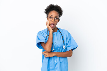 Sticker - Young surgeon African American doctor woman isolated on white background surprised and shocked while looking right