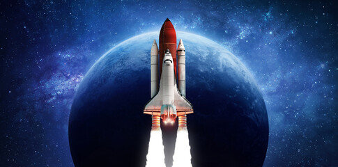 Aufkleber - Space shuttle in dark space on orbit of blue planet Earth. Space craft in deep galaxy. Continents and oceans. Elements of this image furnished by NASA