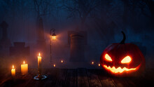 Haunted Halloween Churchyard Illustration With Illuminated Pumpkin And Candles.