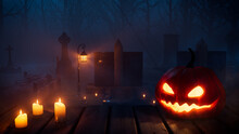 Eerie Halloween Churchyard Illustration With Illuminated Pumpkin And Candles.
