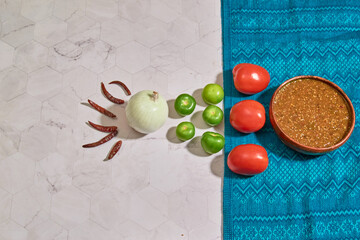 Wall Mural - Ingredients to make traditional Mexican salsa on the table. Healthy Mexican food concept.