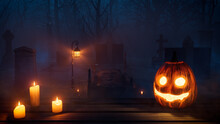 Carved Pumpkin In Eerie Woodland Graveyard. Halloween Background.