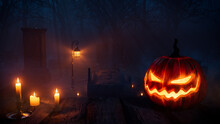 Pumpkin Lantern In Spooky Forest Graveyard. Halloween Background.