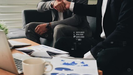 Poster - conceptual business handshake with dashboard for financial data analysis . 3d render computer graphi