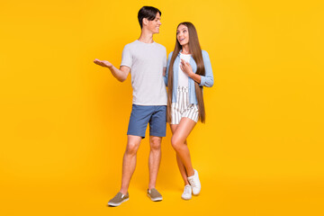 Sticker - Full length body size view of attractive cheerful couple dating talking isolated over bright yellow color background