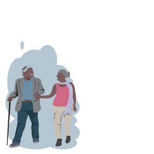 Front View Of A Bald Old Man No Face In A Suit He Walked With His Widowed Wife Wearing A Pink Tank Top And Long Pants.Vector Isolate Flat Design Concept For Love Forevermore ,warm Family Or Valentine