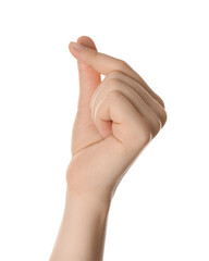 Wall Mural - woman rubbing thumb and index finger together isolated on white, closeup