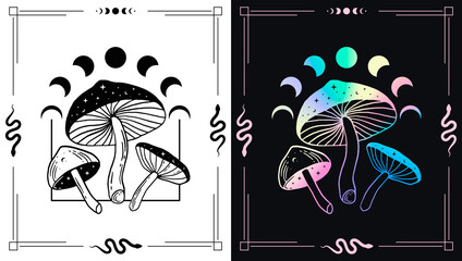 Magic mushrooms and moon phases for esoteric theme designs. Black and while and holographic gradient poster.