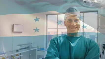 Sticker - Animation of flag of honduras waving over surgeon in operating theatre