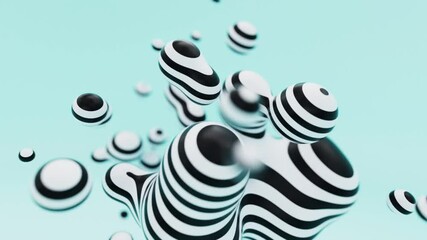 Fototapete - Liquid striped animated metaball or organic floating spheres blobes drops or bubbles 3d render abstract background. Fluid moving water clouds beautiful creative animation