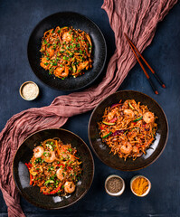 Sticker - Asian food table with various kind of chinese noodles with chicken, pork, beef and others