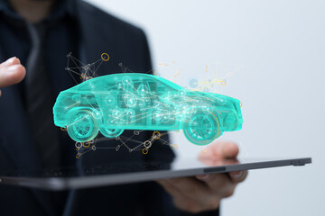 Poster - Man holding and touching holographic smart car