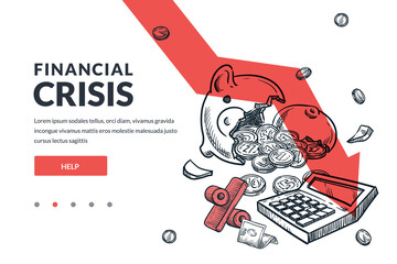 Economic financial crisis concept. Broken piggy bank on falling down red arrow background. Vector sketch illustration