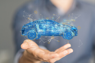 Poster - Electric car icon from lines, triangles and particle style