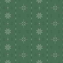 Vector Winter Seamless Pattern With Rhombuses And Stylized Snowflakes. Green Geometric Background With Snow In Scandinavian Style For Fabric, Wrapping Paper, Packaging And Wallpaper