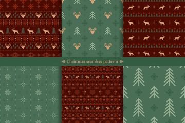 Wall Mural - Vector classic christmas seamless patterns set with stylized reindeers, spruces and snowflakes. Collection of red and green traditional ornate geometric backgrounds in scandinavian style