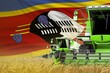 3 green modern combine harvesters with Swaziland flag on rural field - close view, farming concept - industrial 3D illustration