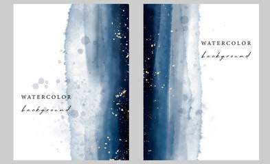 Wall Mural - Set of vector watercolor universal backgrounds with gold glitter	