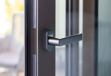 Aluminum Door Window Close Up, Open Glass Frame With Black Handle, Blur Background