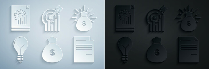 Sticker - Set Money bag, Light bulb with concept of idea, Document, Target graph chart and icon. Vector