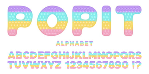 Popit font design - alphabet and numbers set in style of trendy silicon fidget toys. Pop it toy for fidget in pastel colors. Bubble sensory letters as popit. Isolated cartoon vector illustration.