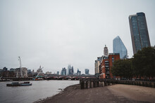 The Vew Of The City And Thames Beach From Southbank On Cloudy Day