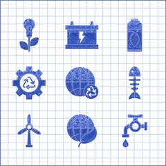 Sticker - Set Planet earth and a recycling, Earth globe leaf, Water tap, Fish skeleton, Wind turbine, Recycle symbol gear, Recycling plastic bottle and Light bulb with icon. Vector