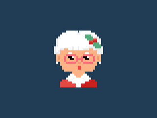 Sticker - Pixel art Mrs Claus. Vector 8 bit style retro illustration of Granny Santa character. Isolated winter female avatar.
