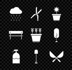 Wall Mural - Set Cloud with rain, Gardening handmade scissors, Flower pot, sprayer, Shovel, Bench and Plants icon. Vector