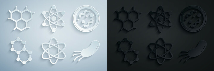 Set Atom, Bacteria, Molecule, and Chemical formula icon. Vector