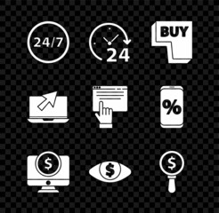 Poster - Set Clock 24 hours, Buy button, Computer monitor with dollar, Eye, Magnifying glass and, Laptop cursor and Online shopping screen icon. Vector