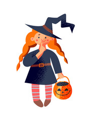 Wall Mural - Halloween witch kid character, cute girl in witch hat with red hair holding scary pumpkin