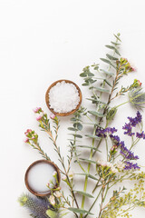 Wall Mural - Bio herbal green cosmetic arrangement, sea salt and handmade cosmetic.